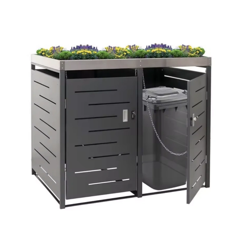 Double-Door Trash Can Enclosure With Lock And Planting Cabinet