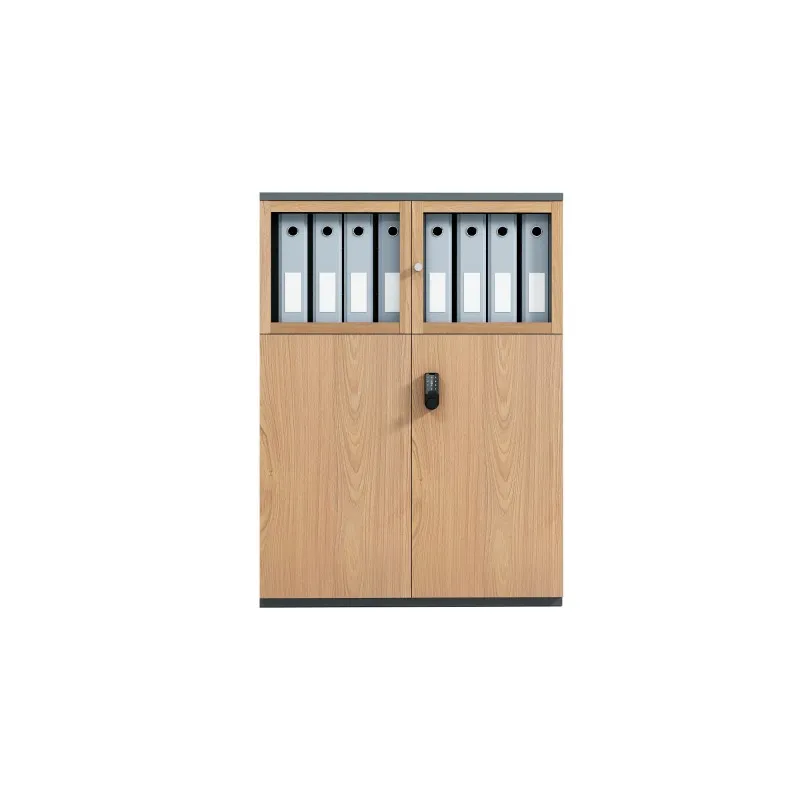 Four-door Wood Grain Transfer Steel Low Filing Cabinet, Upper Glass & Lower Metal with Password Lock