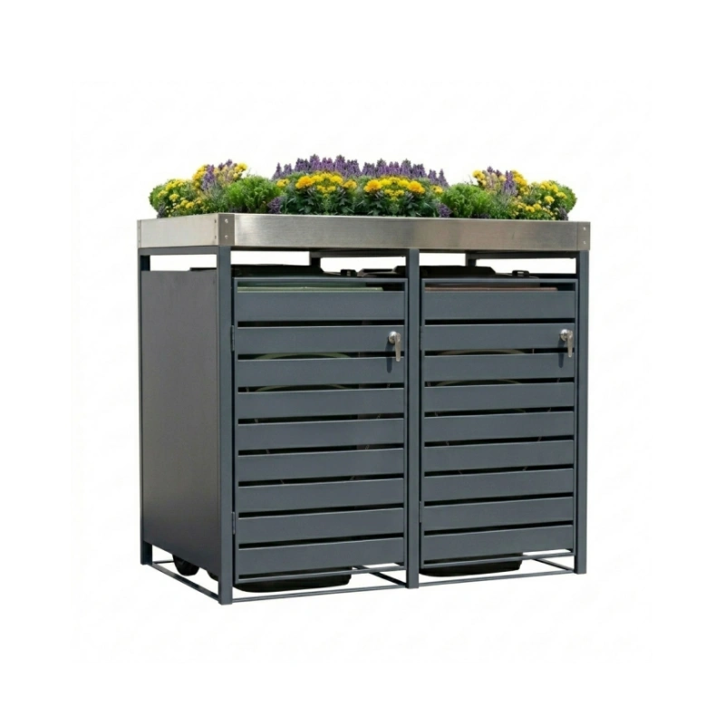 Double-door Steel trash Can Enclosure with Plantable Top with Lock