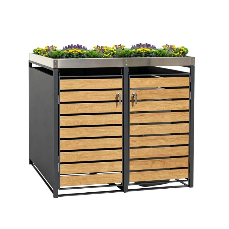 Double-door Steel trash Can Enclosure with natural wood texture and Plantable Top with Lock