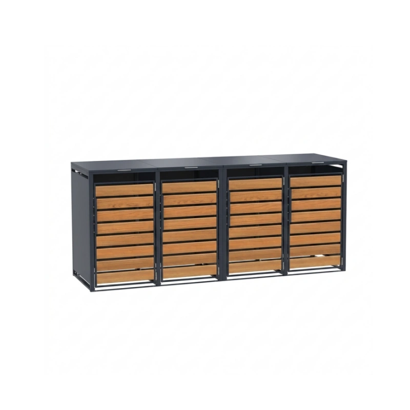 Quadruple Steel trash Can Enclosure with natural wood texture