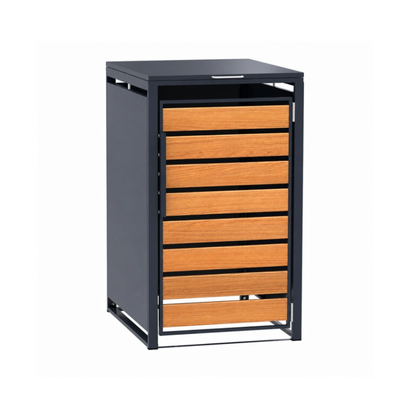 Single-door Steel trash Can Enclosure with natural wood texture