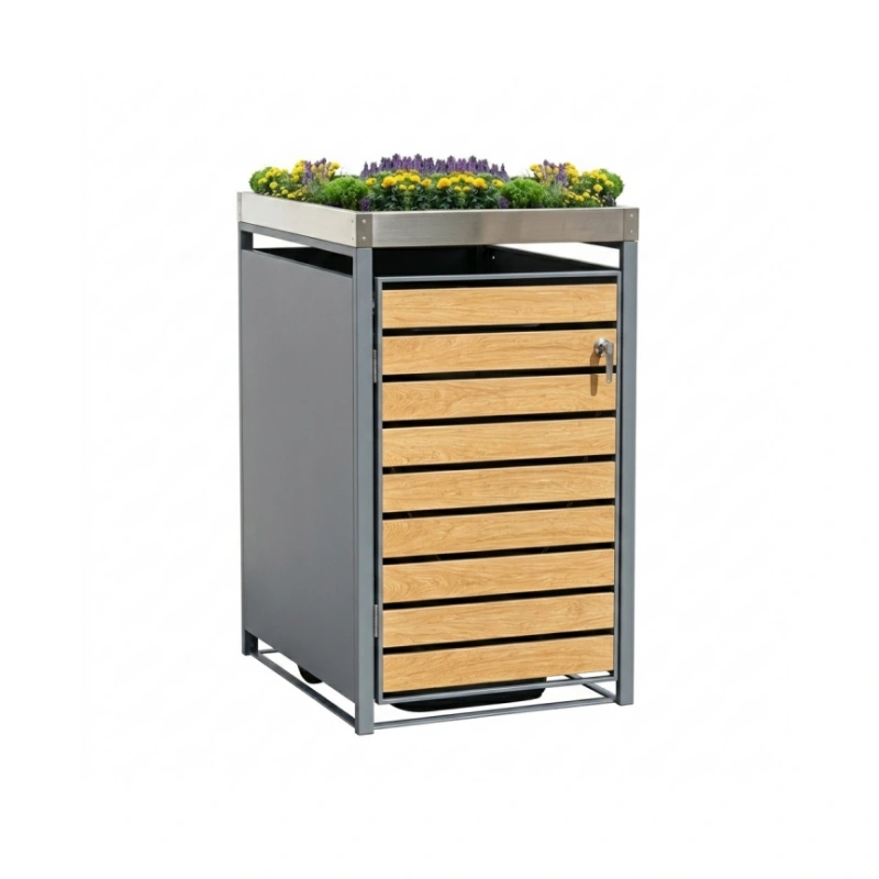 Single-door Steel trash Can Enclosure with natural wood texture and Plantable top with Lock