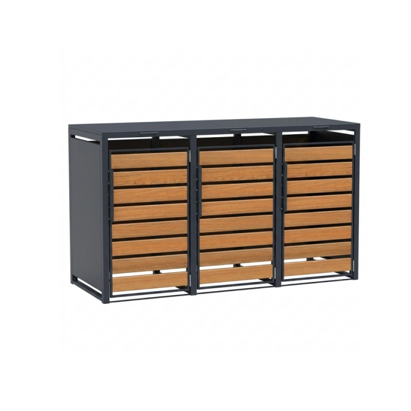Triple-door Steel trash Can Enclosure with natural wood texture